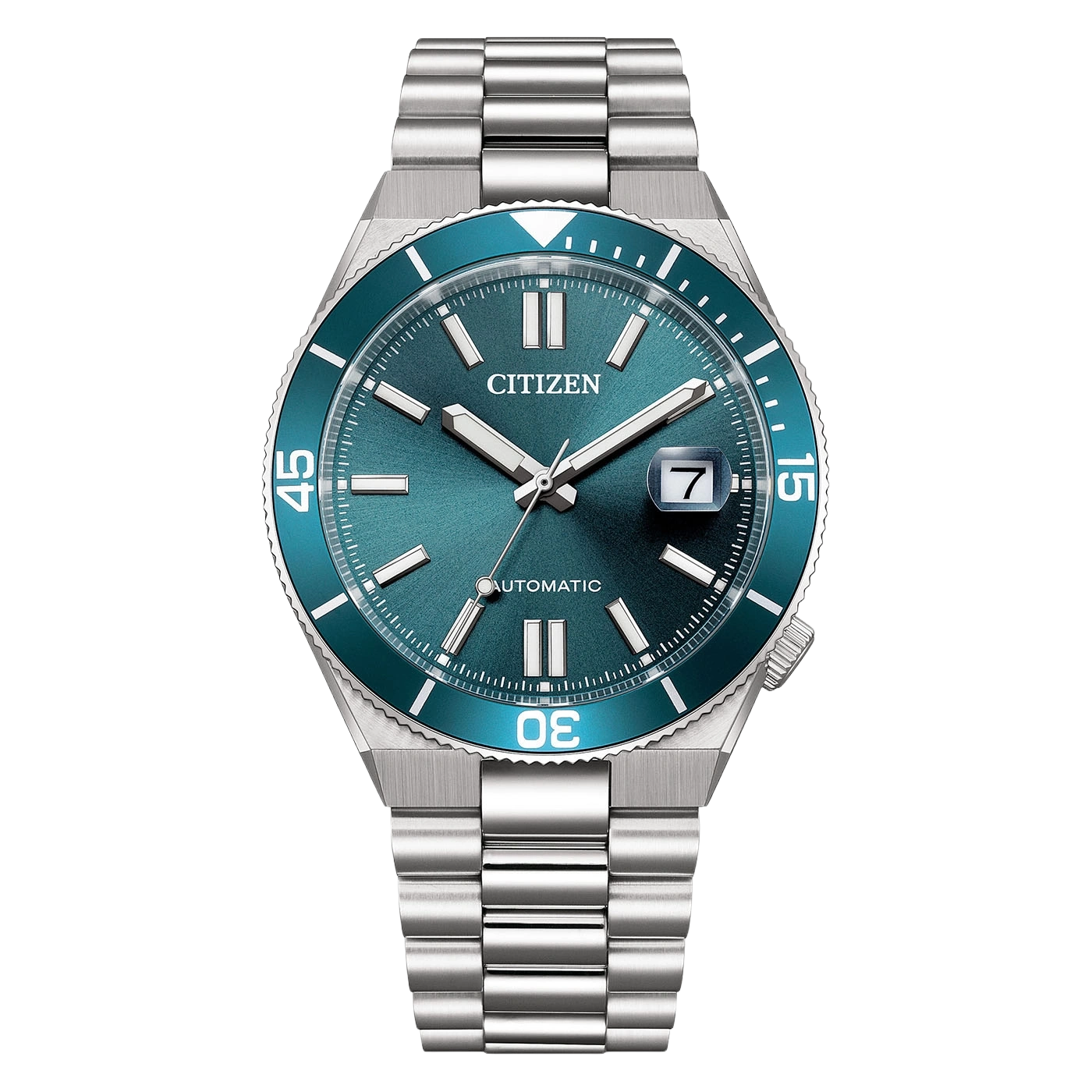Montre Citizen automatique bleue avec bracelet en argent sur fond blanc.
