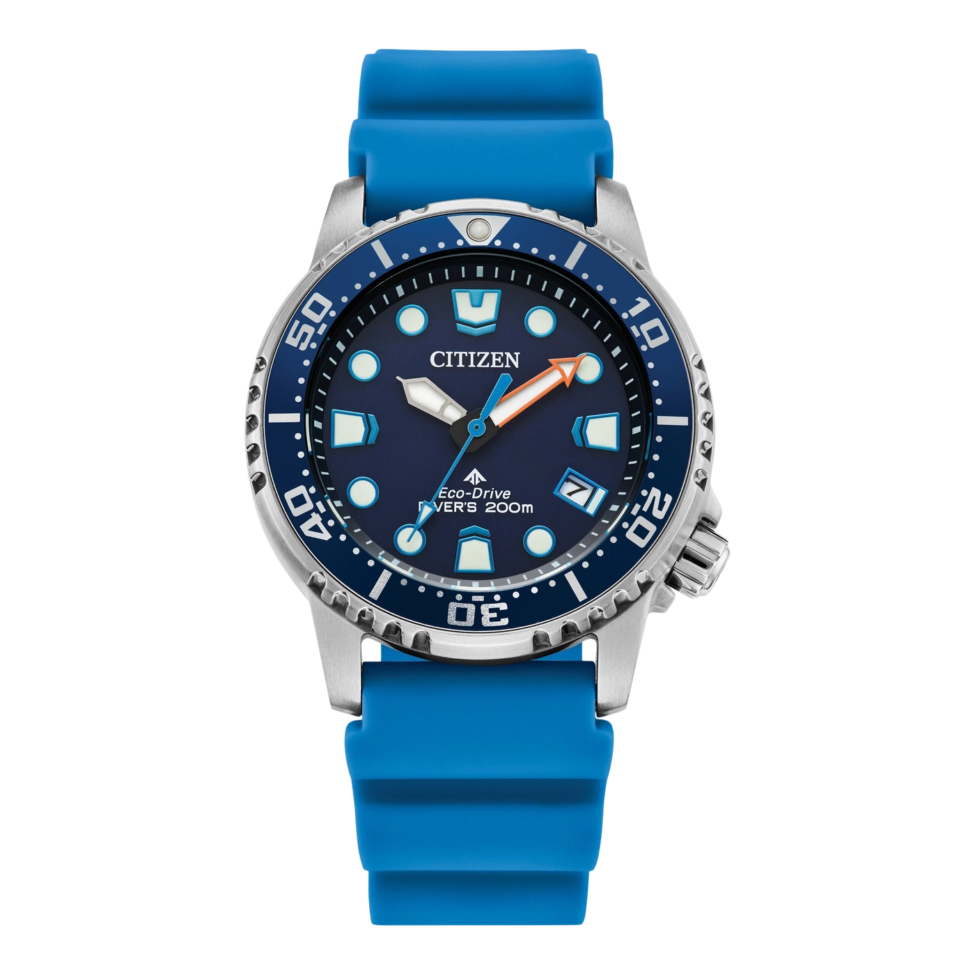 Une montre de plongée Citizen Eco-Drive bleue et argentée.