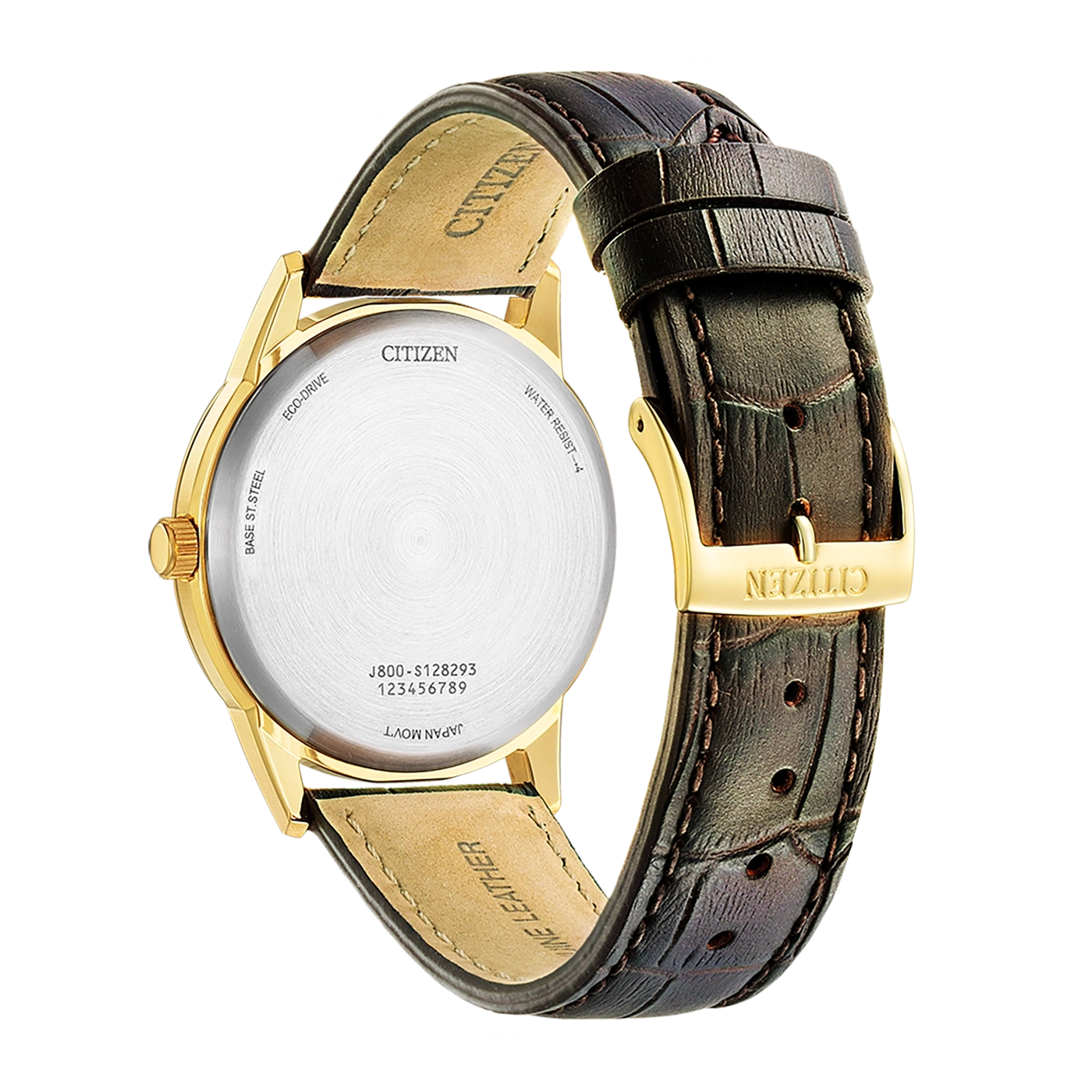Montre citizen en or avec bracelet en cuir noir et boucle dorée.