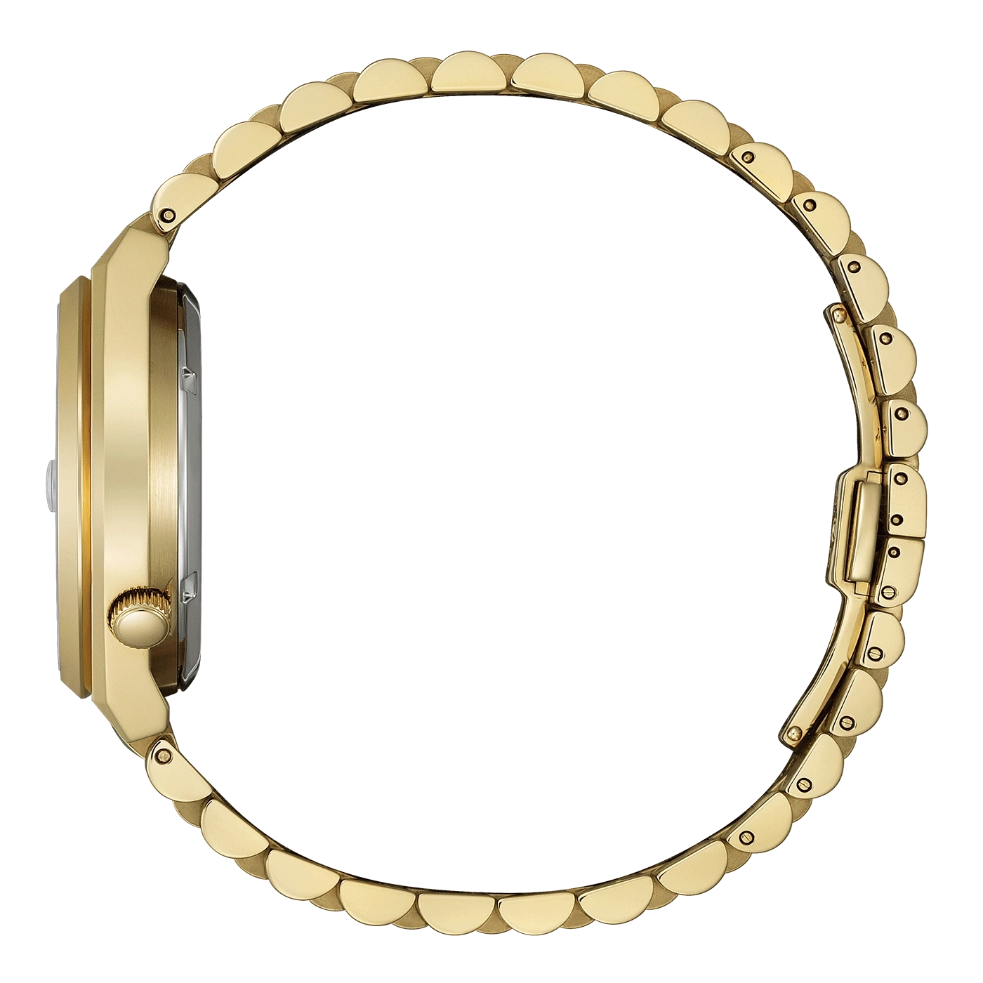 Gros plan sur une montre bracelet en or vue de côté, sur fond blanc.