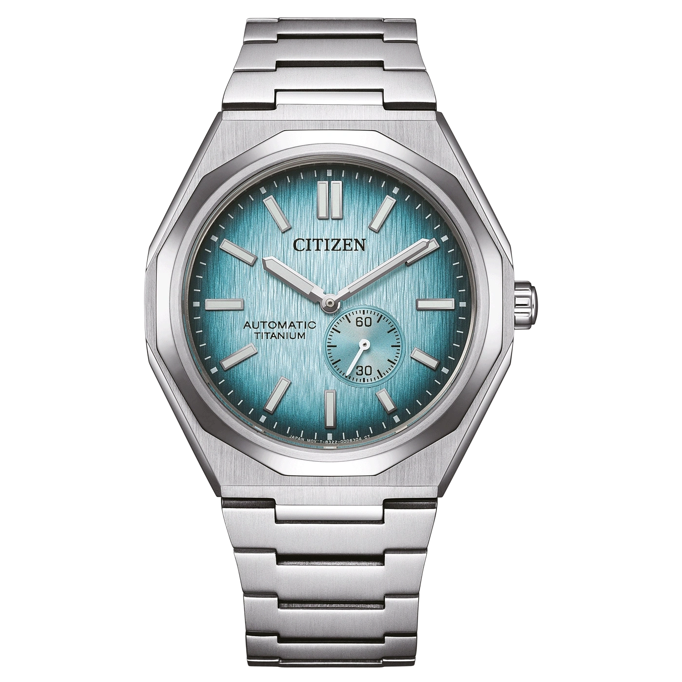 Une montre Citizen automatique en titane avec cadran bleu sarcelle.