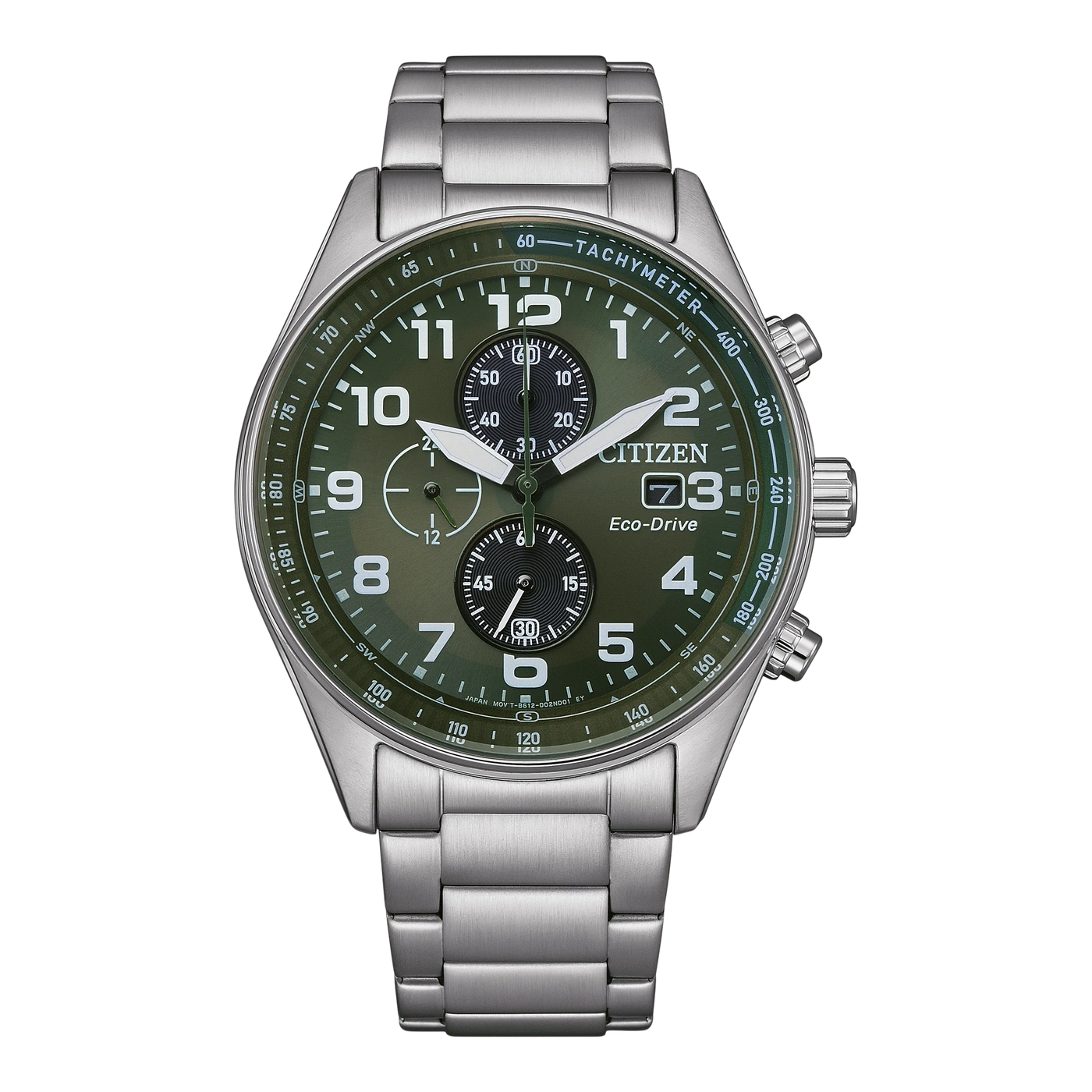 Montre Citizen Eco-Drive verte avec bracelet en argent.