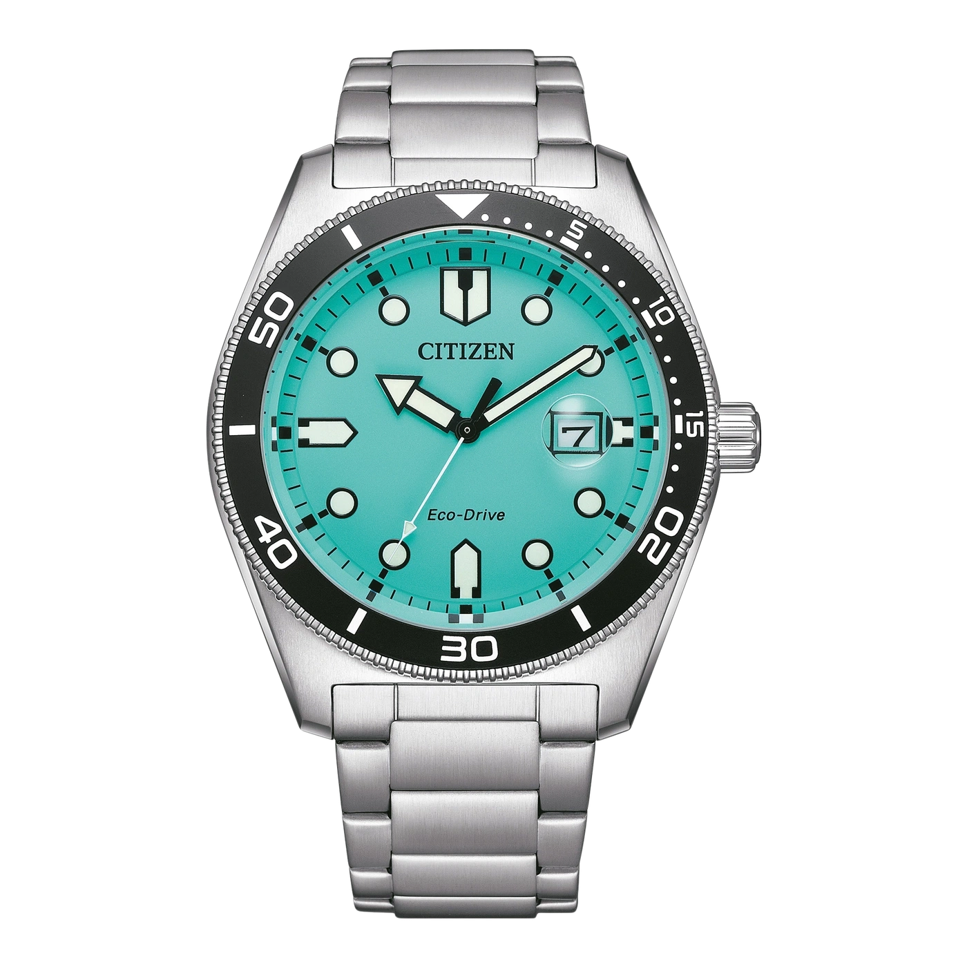 Montre Citizen Eco-Drive turquoise avec bracelet en argent.