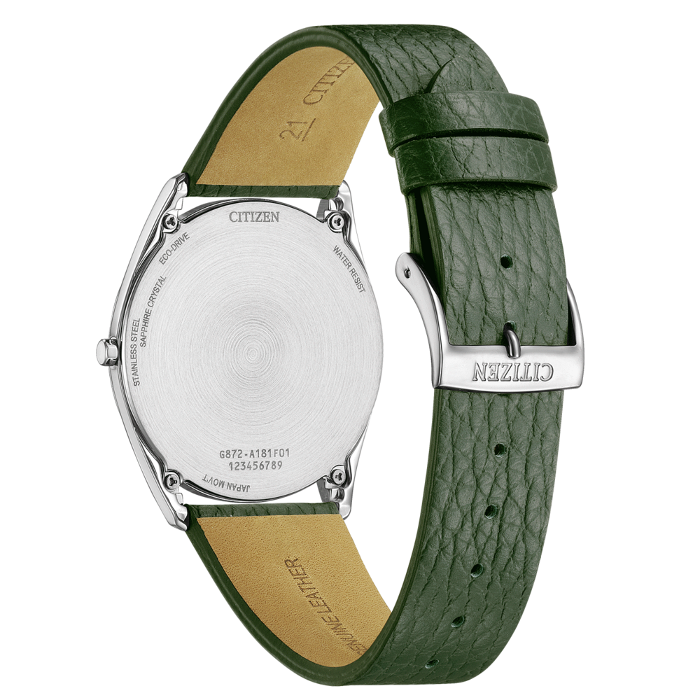 Dos de montre Citizen avec bracelet en cuir, acier inoxydable, cristal saphir, eco-drive