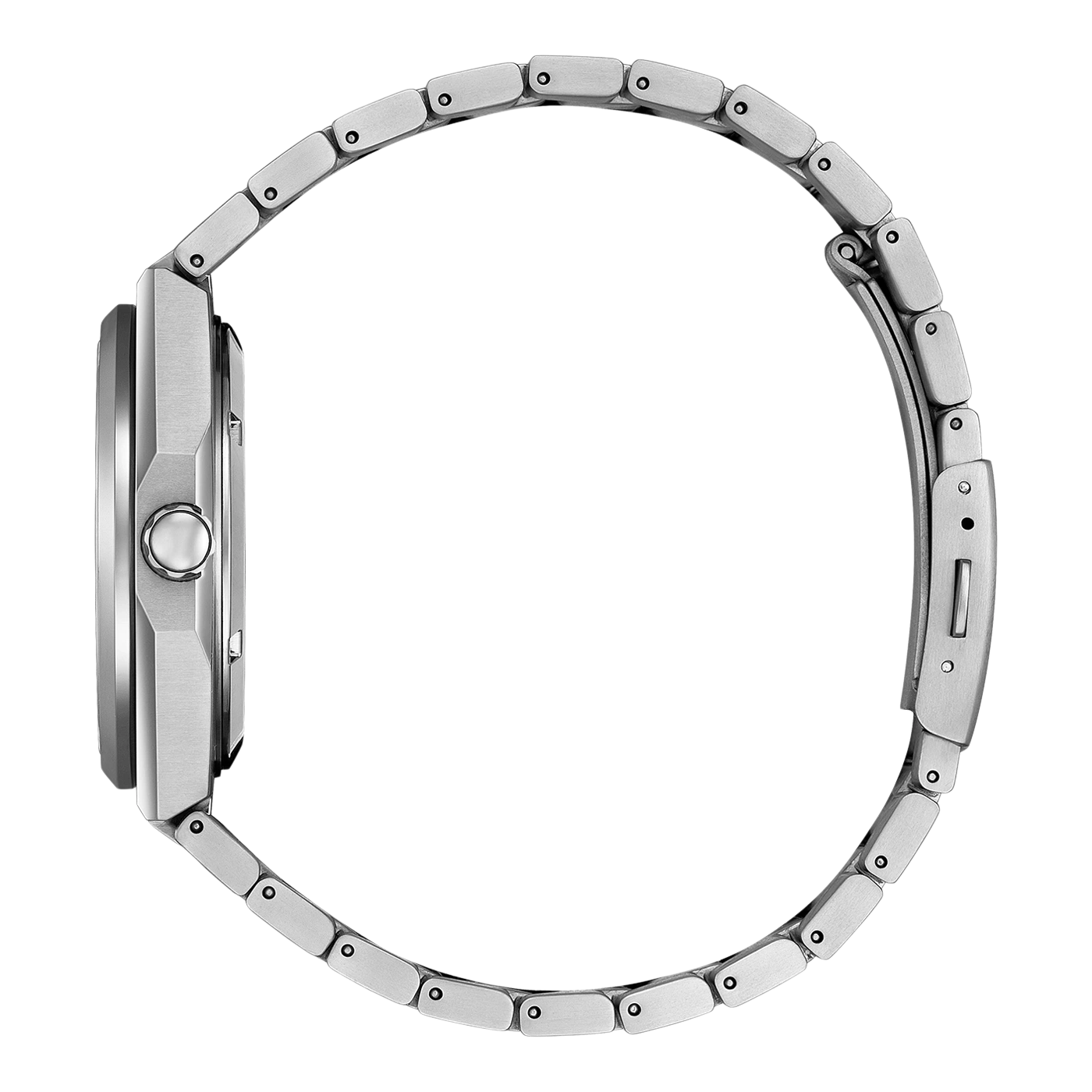 Nahaufnahme des Profils einer silbernen Armbanduhr