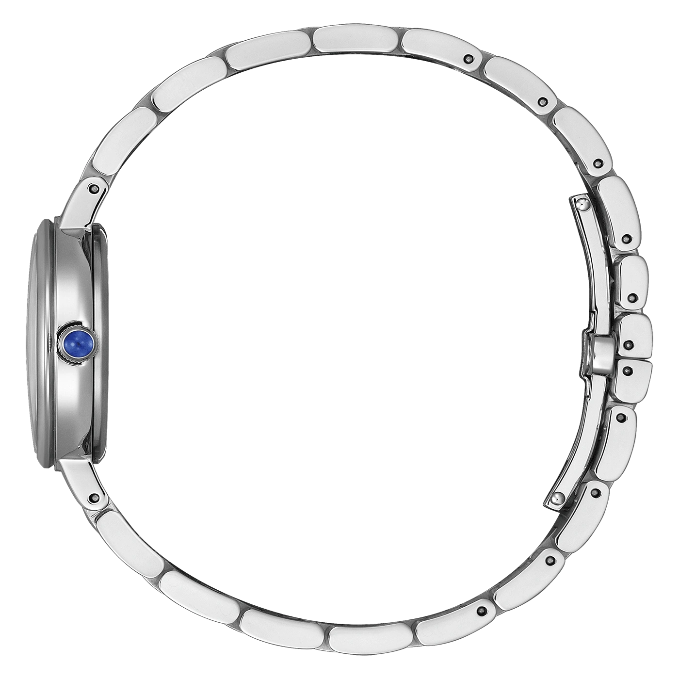 Montre bracelet en argent vue de profil, avec une couronne bleue.