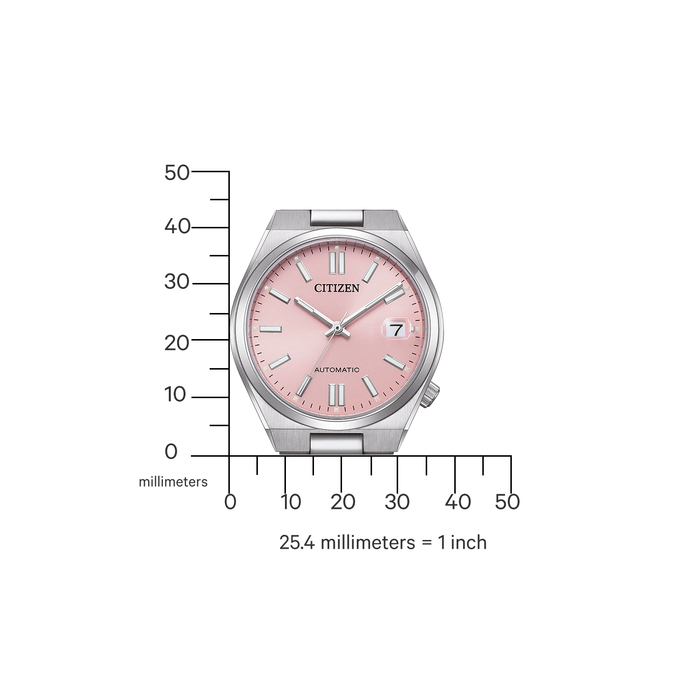 Een roze Citizen horloge met een millimeter schaal