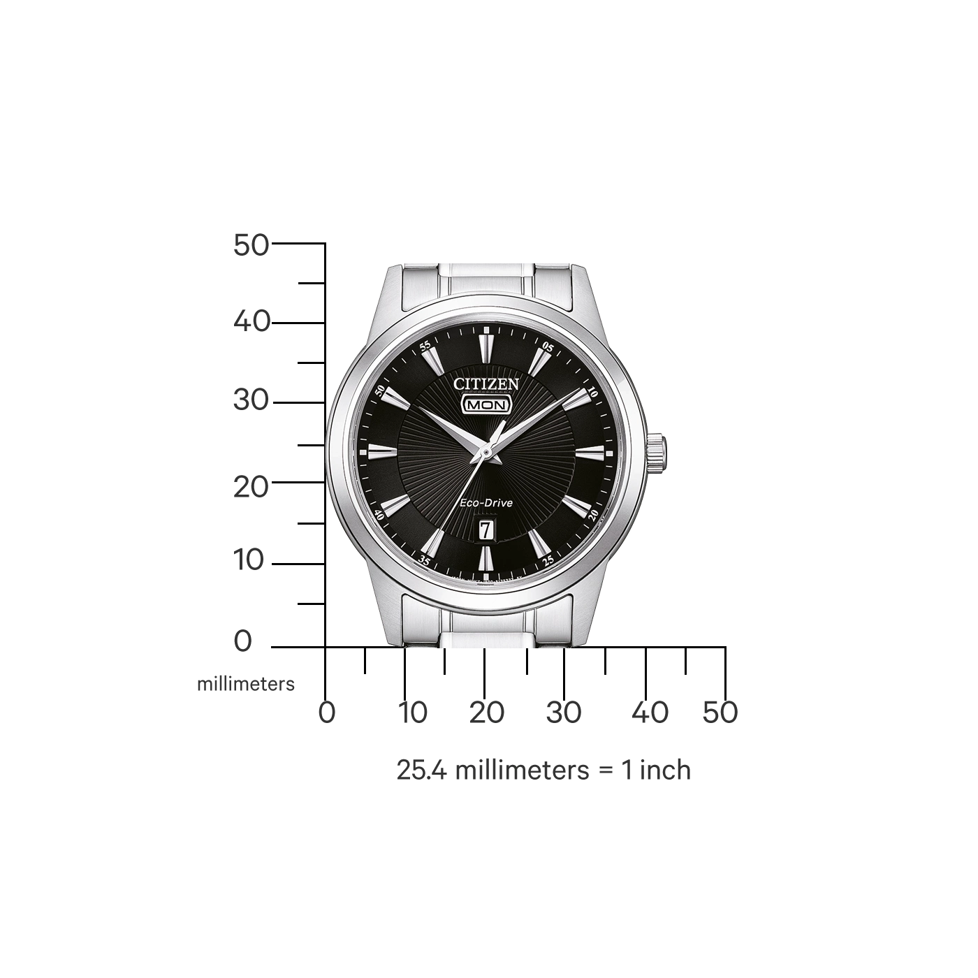 Een zwart Citizen Eco-Drive horloge met een millimeter schaal ernaast.