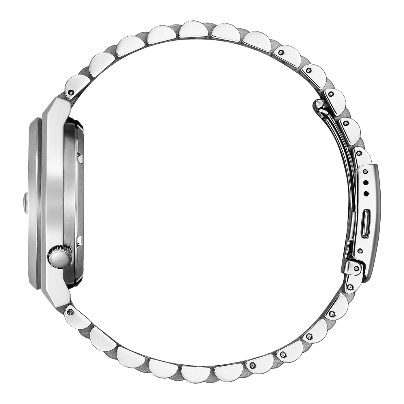 Gros plan d'une montre bracelet en argent sur fond noir