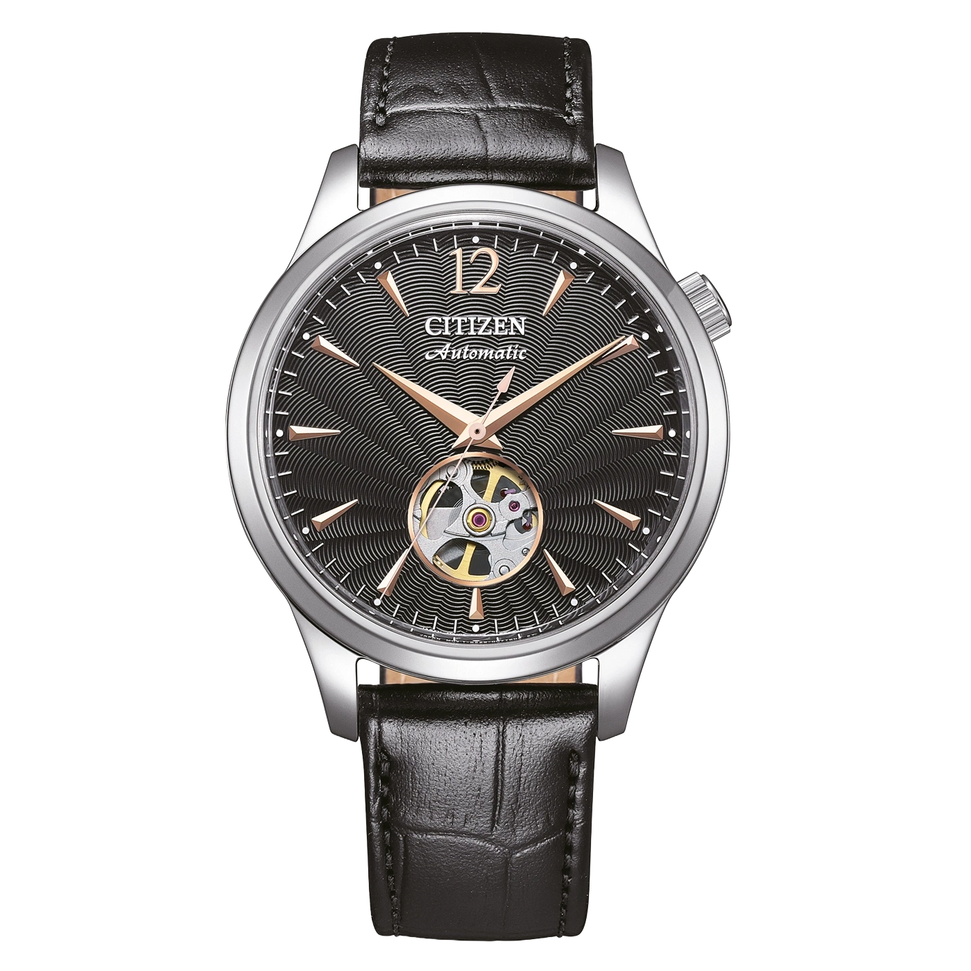 Montre Citizen automatique avec bracelet en cuir noir et cadran ajouré.