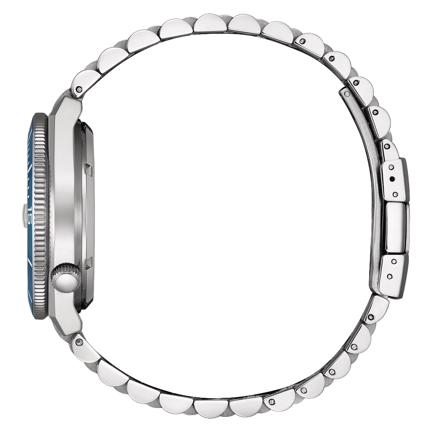Montre de plongée en argent avec cadran bleu et bracelet métallique.