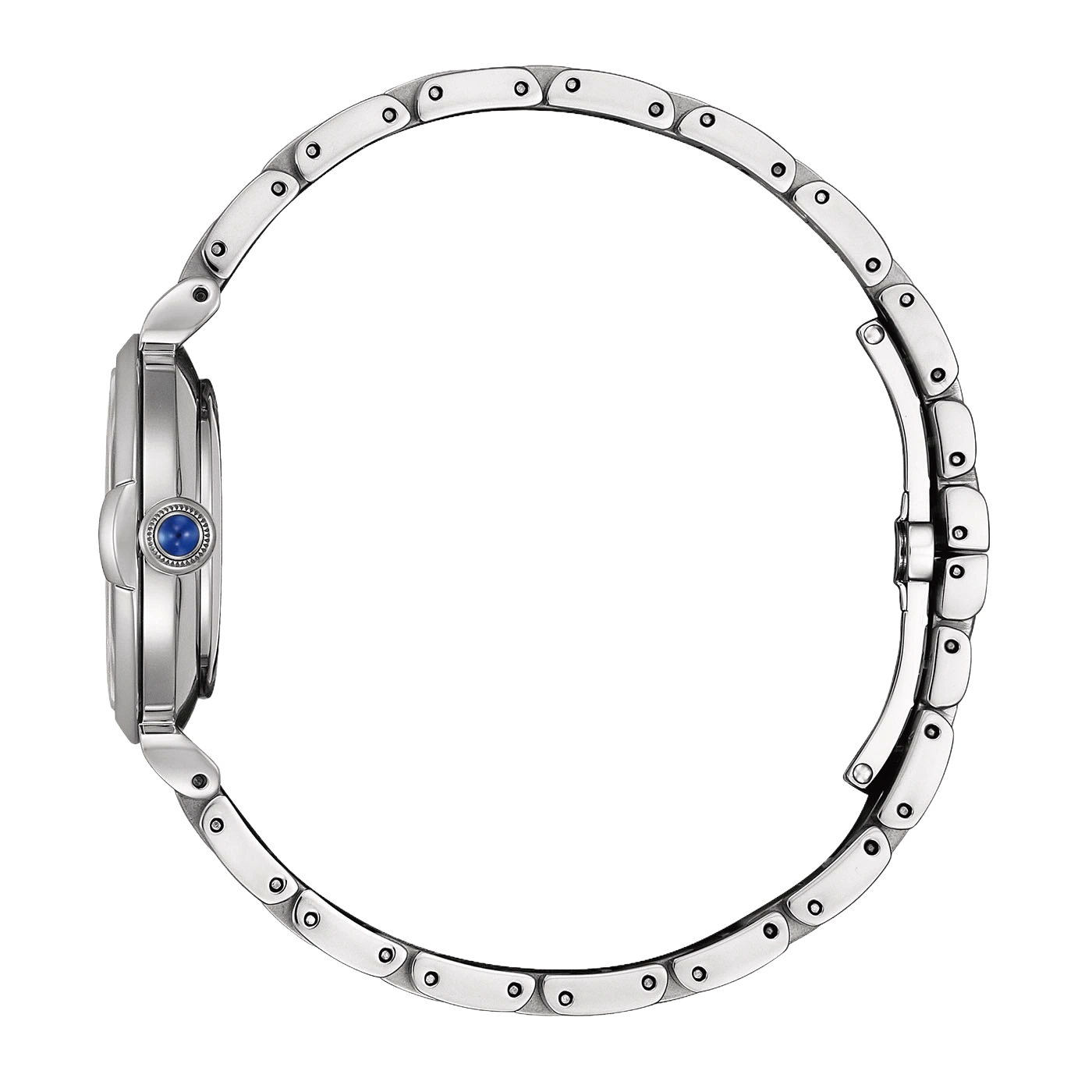 Montre bracelet en argent avec une pierre bleue sur la couronne, vue latérale.