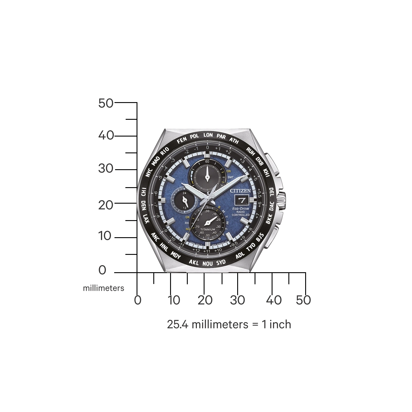 Montre Citizen Eco-Drive Radio Contrôlée avec des villes du monde sur la lunette.