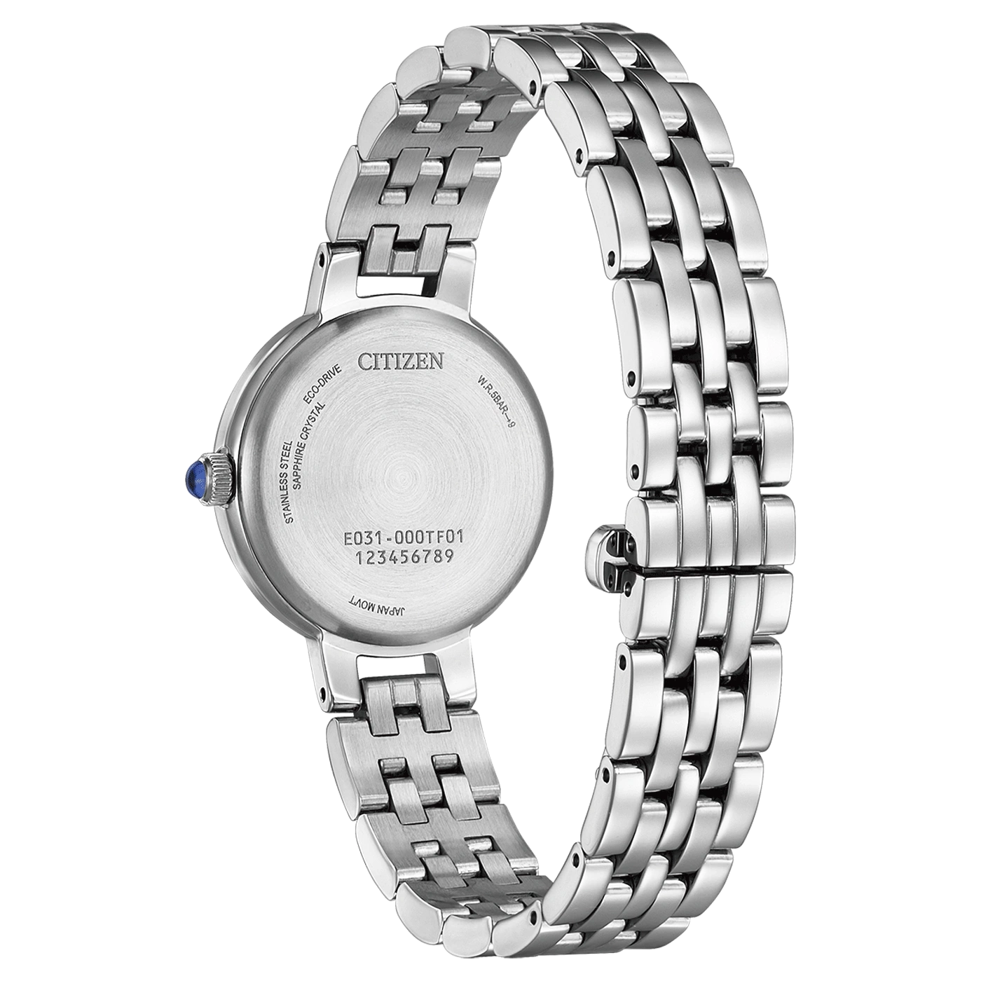 Une montre Citizen argentée avec un bracelet en métal, vue de dos.