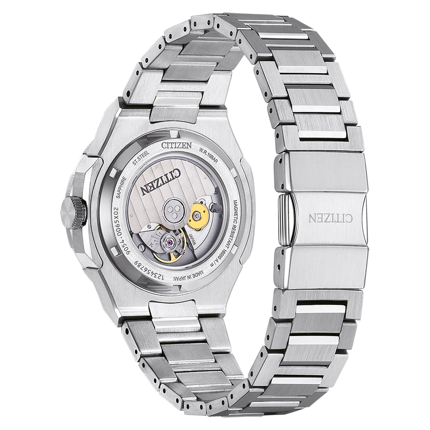 Montre Citizen en acier inoxydable, vue arrière du mouvement mécanique.