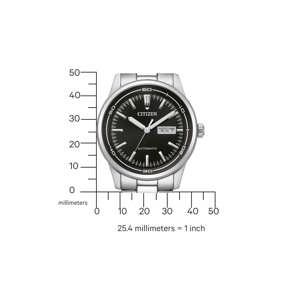 Montre Citizen avec cadran noir, automatique, acier inoxydable, affichage jour et date.