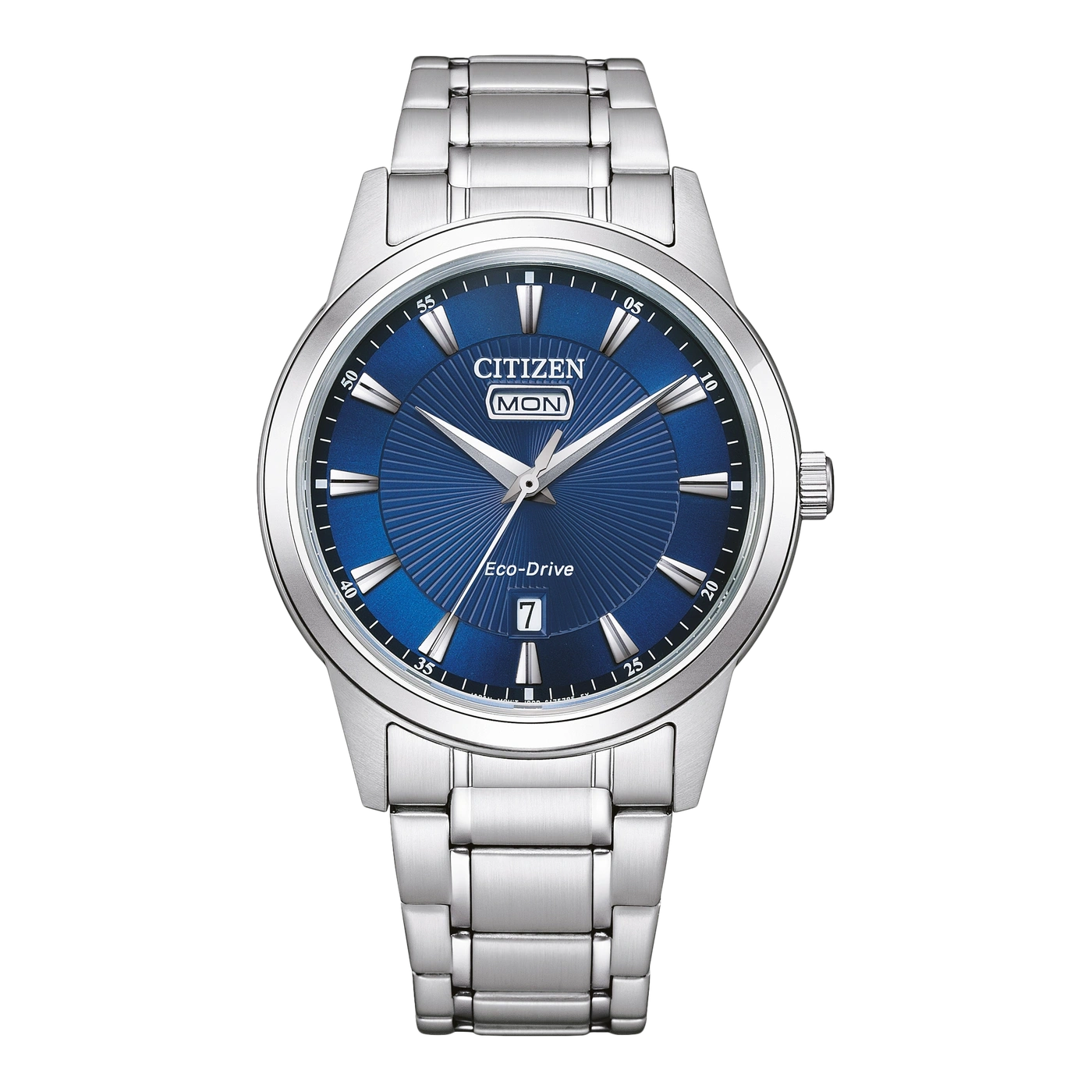 Une montre Citizen homme avec un cadran bleu et un bracelet en argent.
