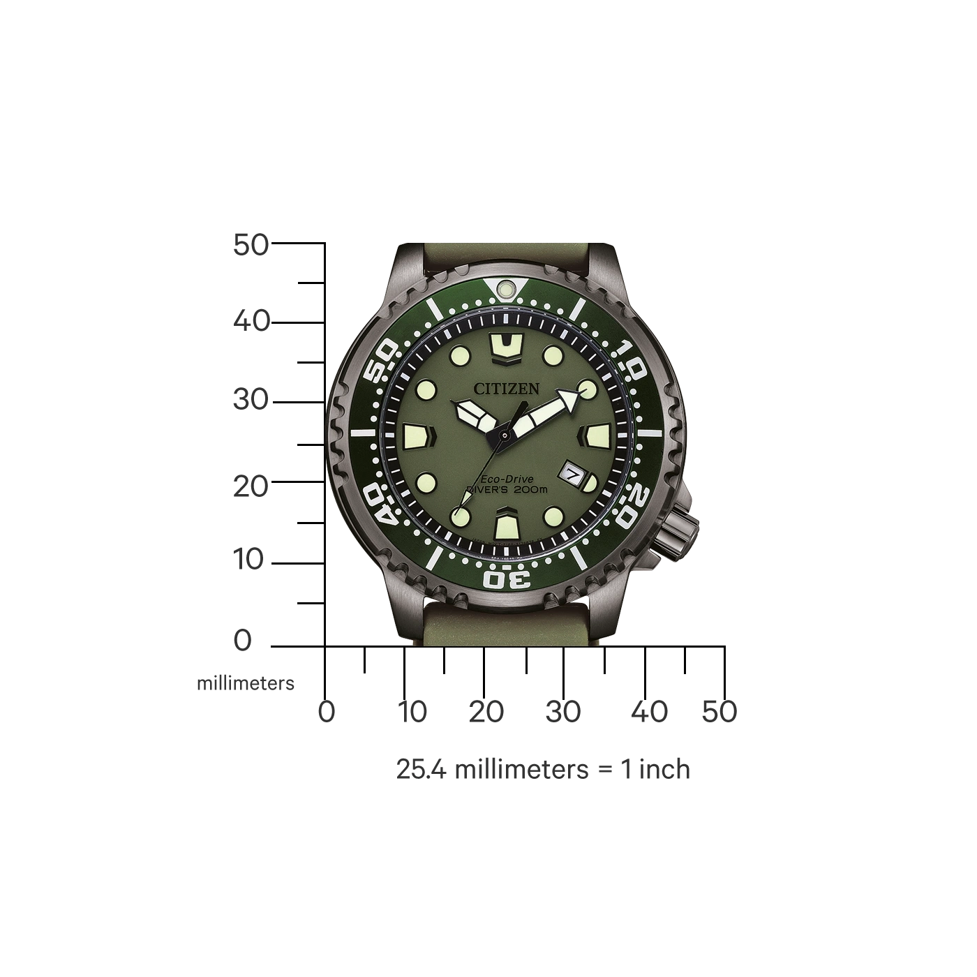 Une montre Citizen Eco-Drive verte est mesurée avec une règle en millimètres.
