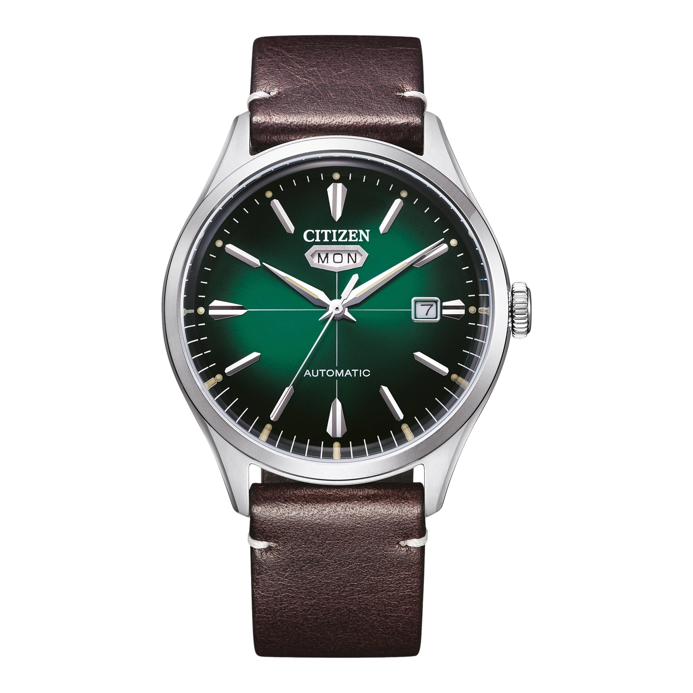 Une montre Citizen automatique avec un cadran vert et un bracelet en cuir marron.