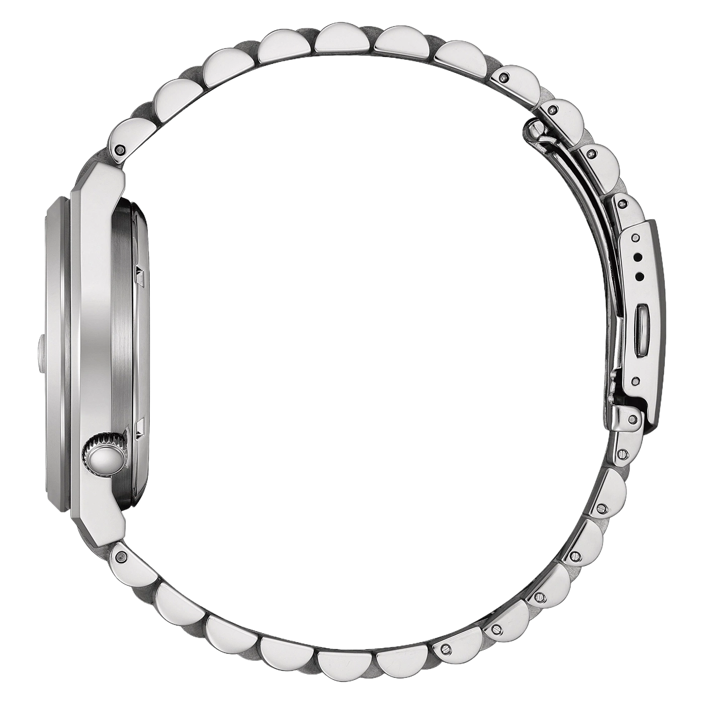 Vue latérale d'une montre bracelet métallique argentée isolée sur fond blanc.