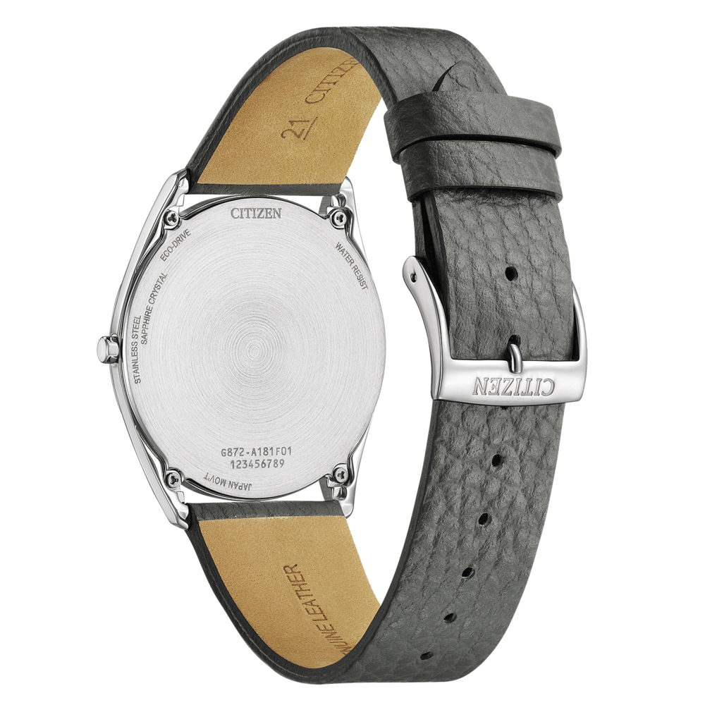 Dos de montre Citizen, acier inoxydable, bracelet cuir, Eco-Drive, résistant à l'eau, cristal saphir