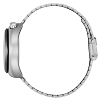 Montre bracelet argenté avec fermoir et maillons visibles.