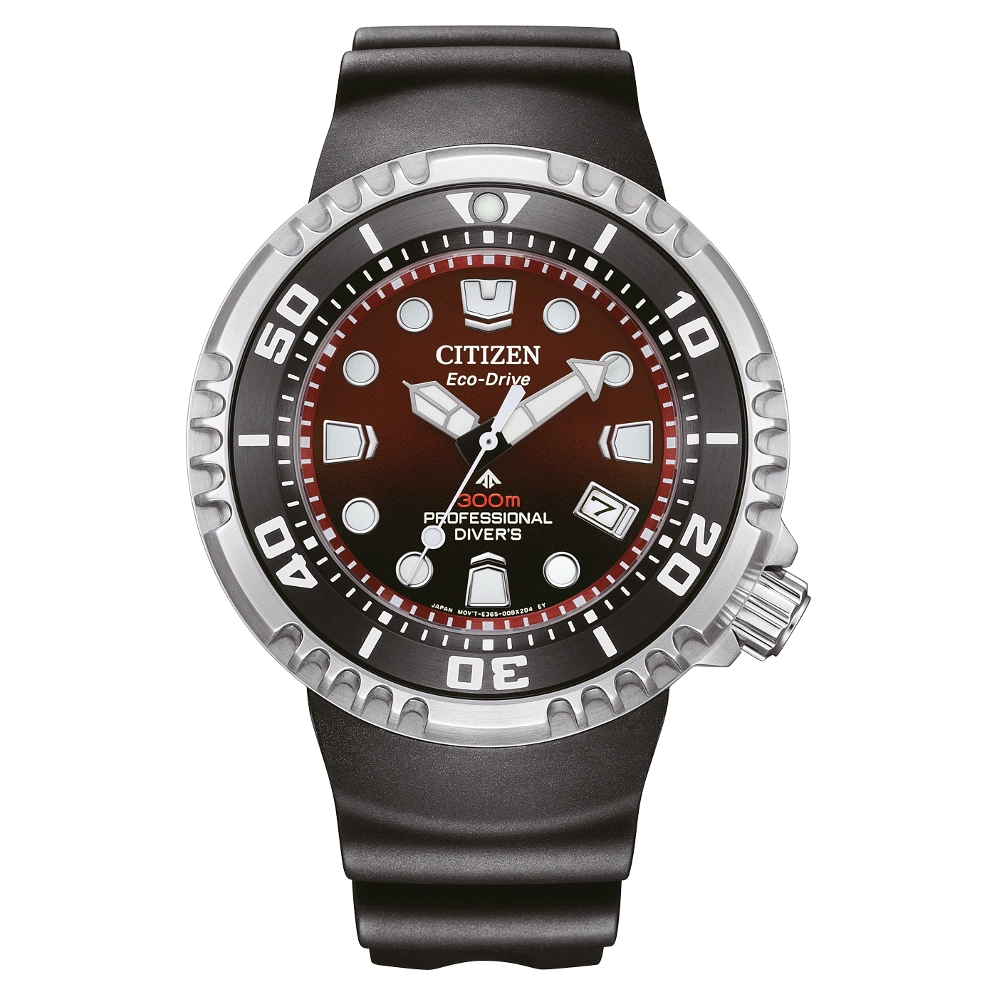 Montre Citizen Eco-Drive professionnelle pour plongeur, cadran brun, bracelet noir.