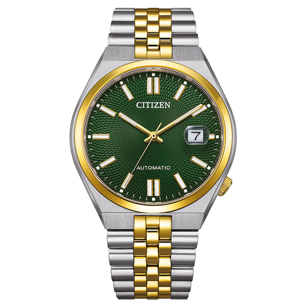Montre Citizen avec cadran vert, bracelet or et argent, mouvement automatique