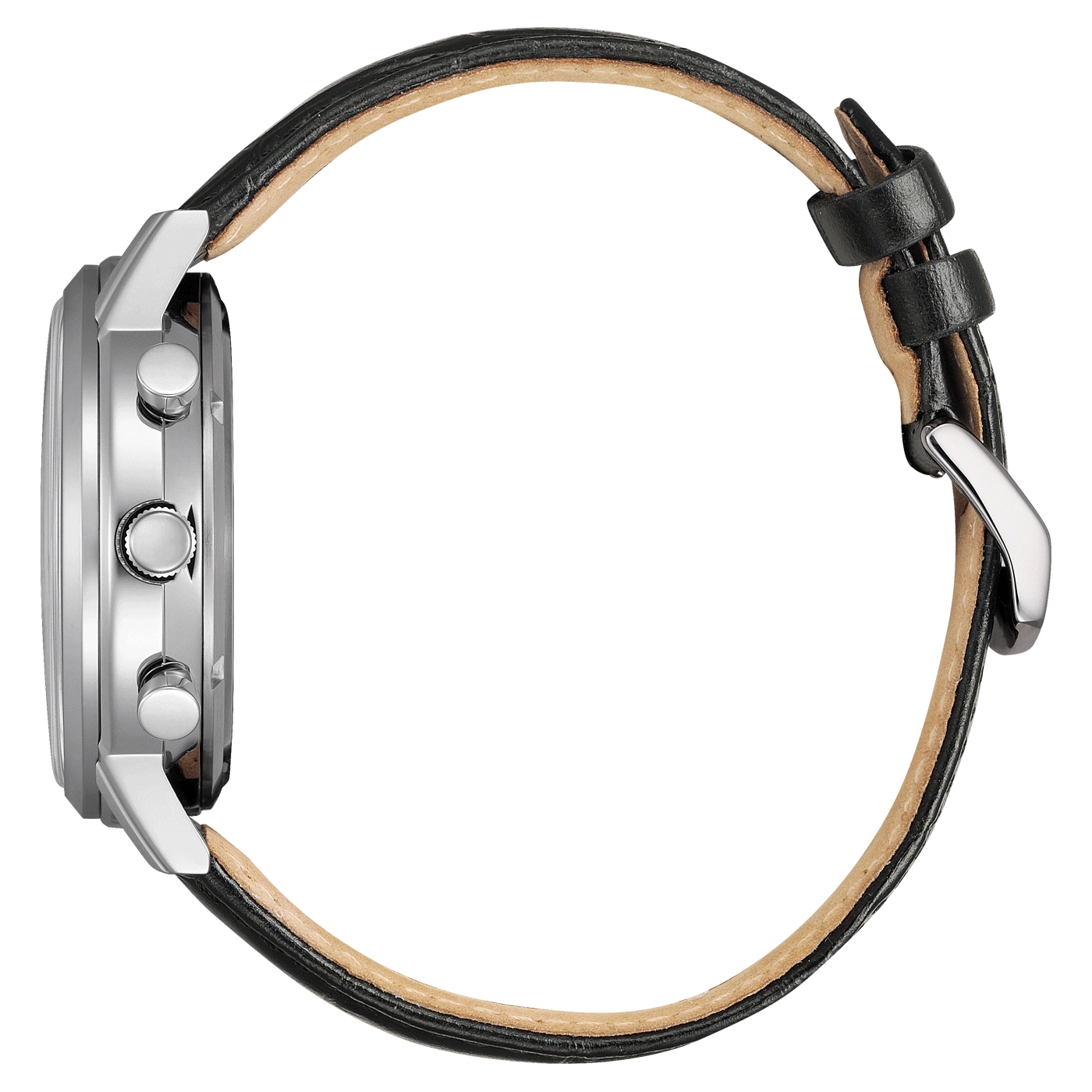 Montre à bracelet en cuir noir, vue latérale avec chronographe.