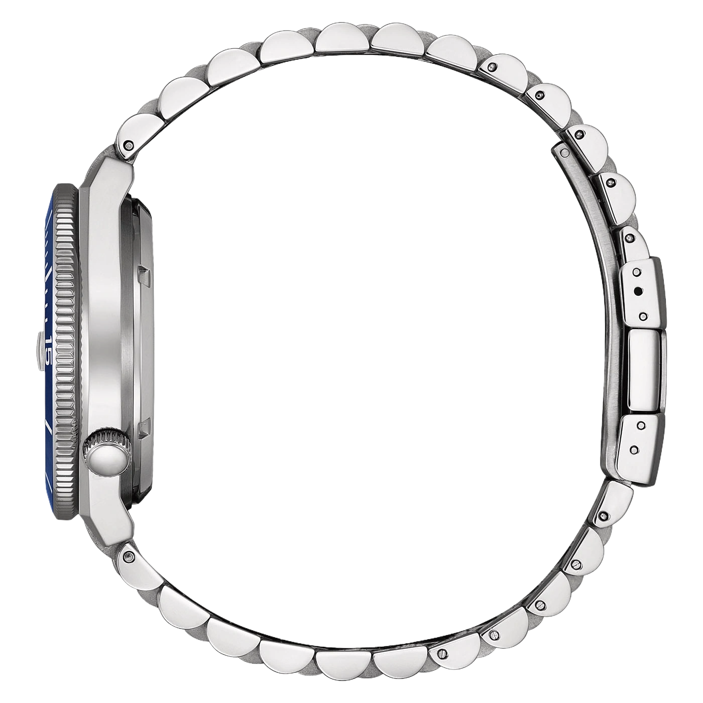 Vue latérale d'une montre de plongée en argent avec un cadran bleu et un bracelet en métal.