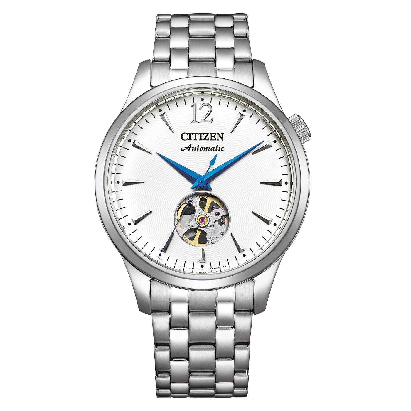 Montre Citizen automatique argentée avec cadran ouvert et bracelet en métal.