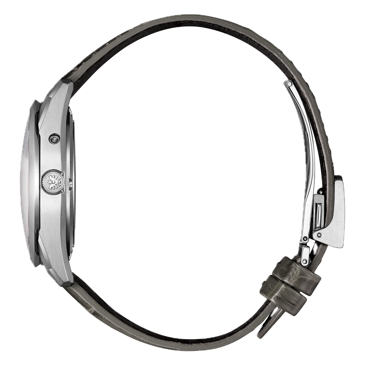 Vue latérale d'une montre-bracelet en argent avec bracelet en cuir gris.