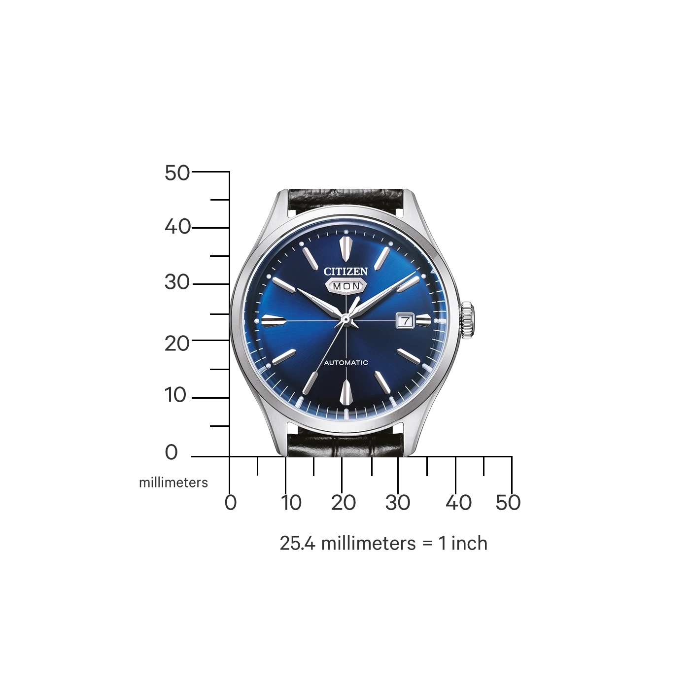 Citizen horloge met blauwe wijzerplaat en millimeter schaal