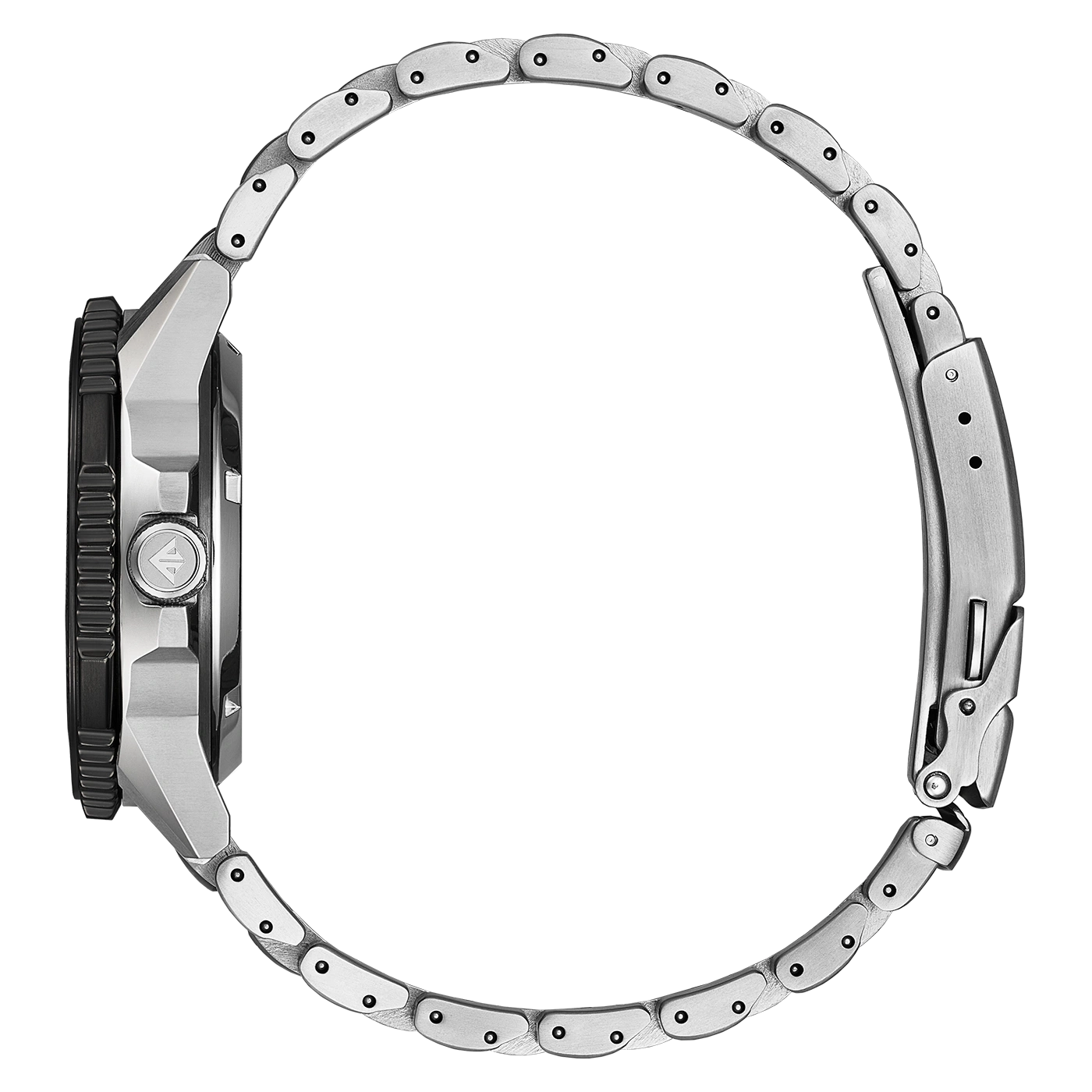 Vue latérale d'une montre bracelet en acier inoxydable avec fermoir.