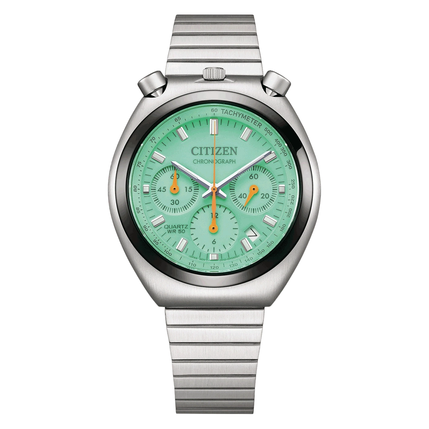 Une montre chronographe Citizen verte avec bracelet en acier.
