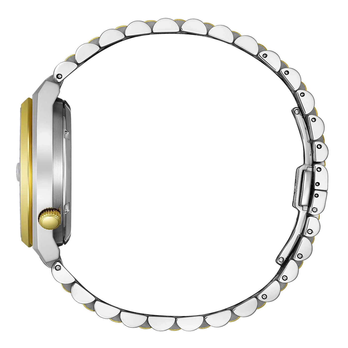 Gros plan sur le côté d'une montre bracelet argent et or.