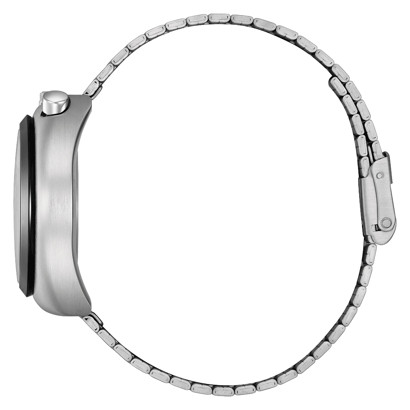Gros plan d'une montre bracelet en acier inoxydable vue de côté