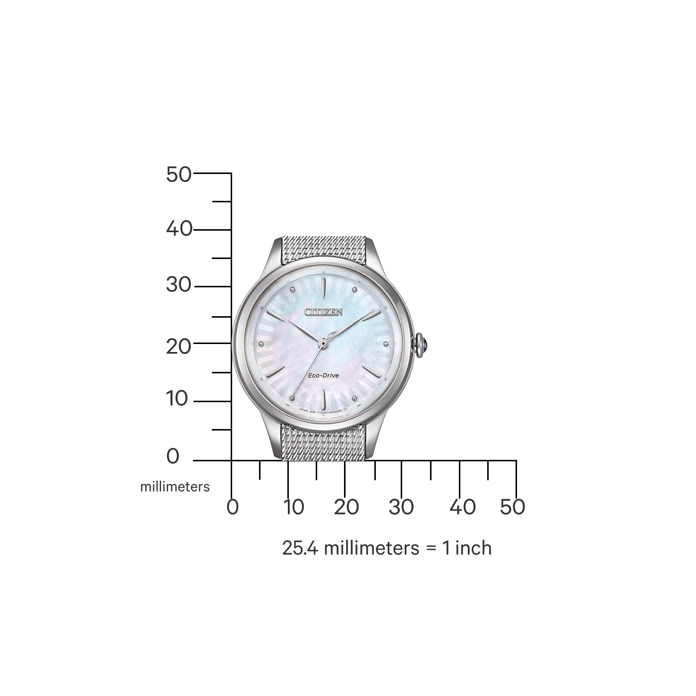 Une montre Citizen Eco-Drive avec une échelle millimétrique et une conversion en pouces.