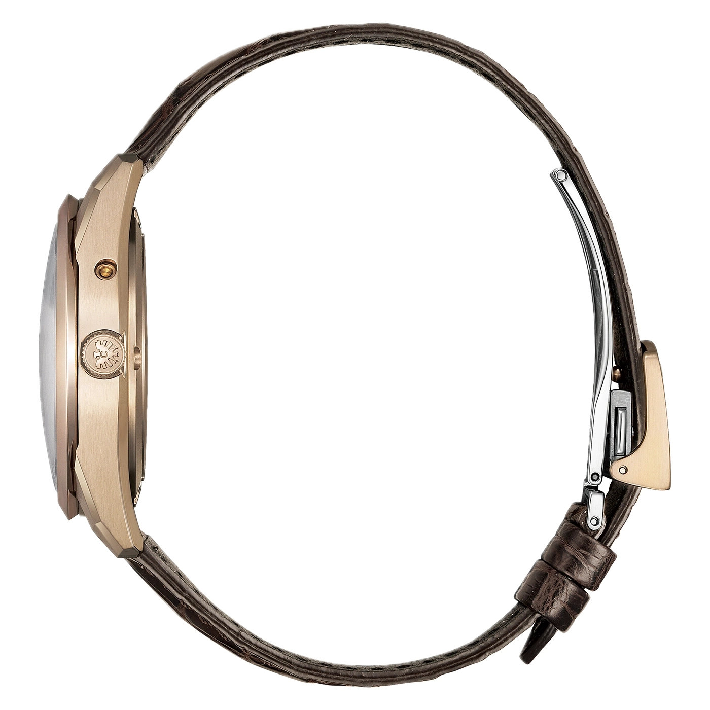 Gros plan d'une montre bracelet en cuir marron sur fond noir.
