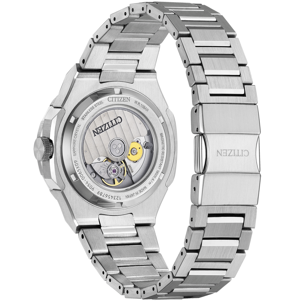 Dos de montre Citizen, cristal saphir, acier inoxydable, mouvement japonais, W.R. 10 bar.