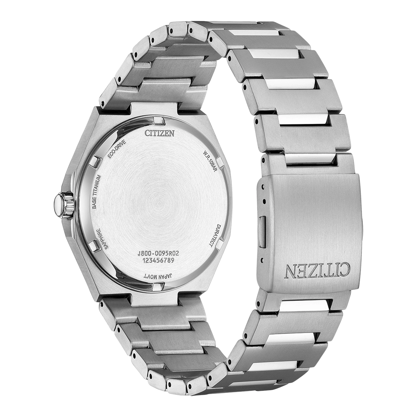 Dos d'une montre Citizen en métal avec inscriptions détaillées.