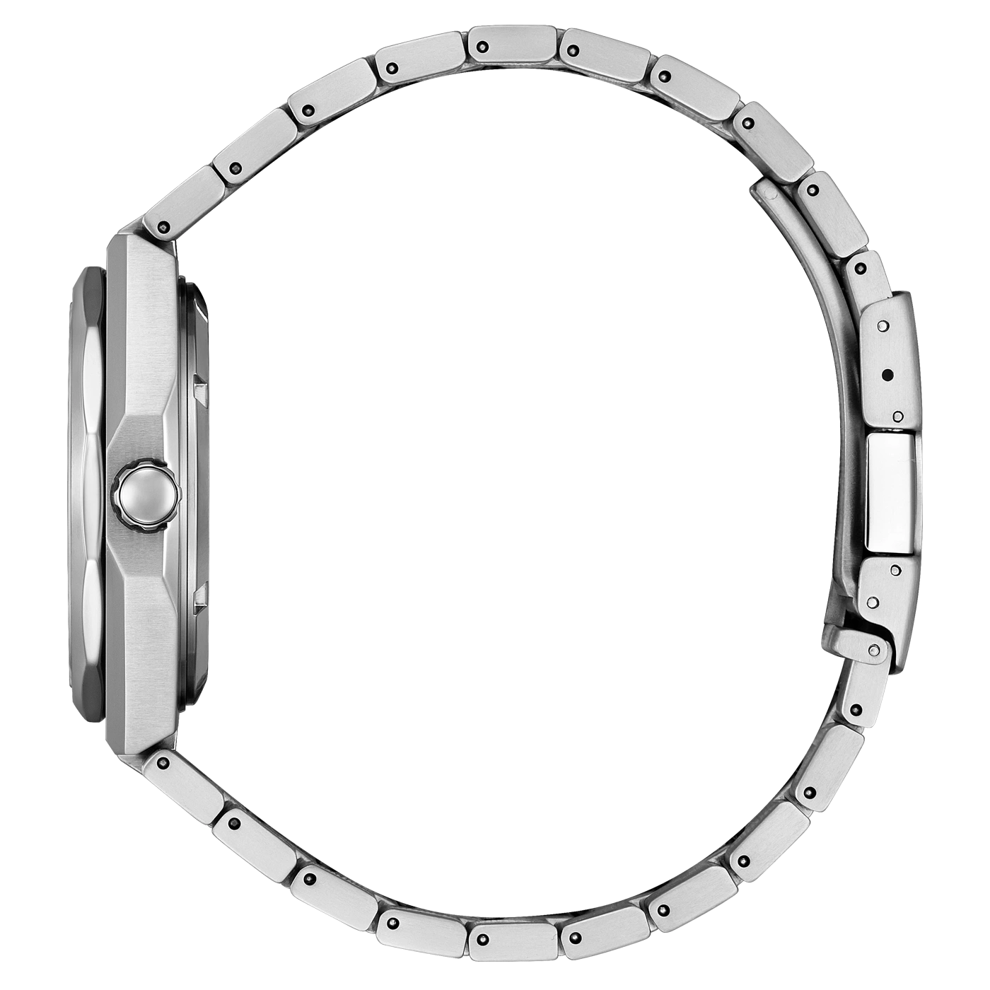 Montre de luxe en argent avec bracelet métallique, vue latérale.