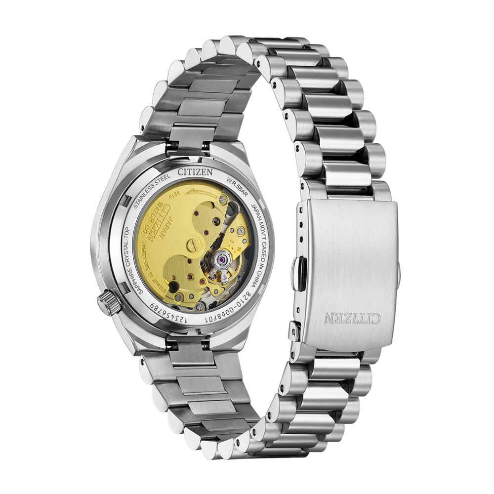 Dos de montre Citizen, mécanisme visible, acier inoxydable, bracelet, Japon.