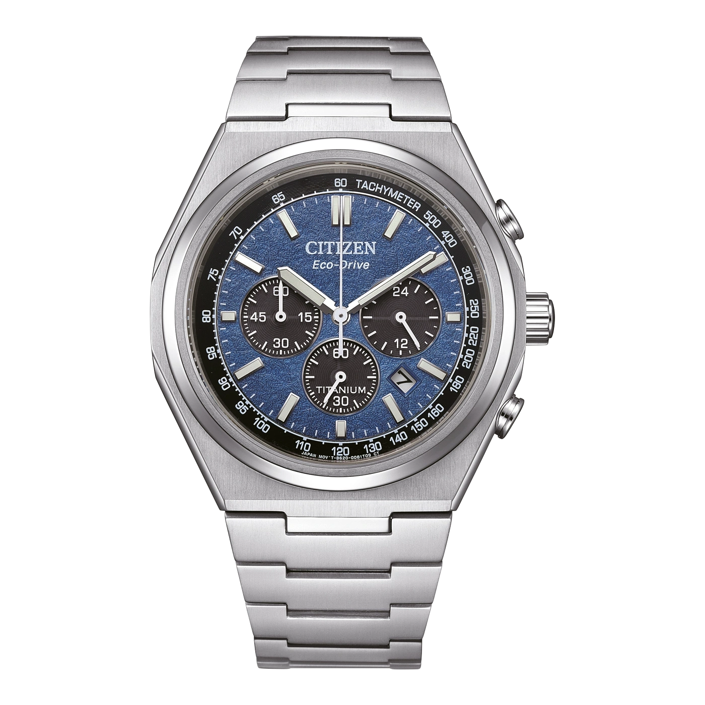 Une montre bracelet Citizen Eco-Drive en titane bleu et argent.