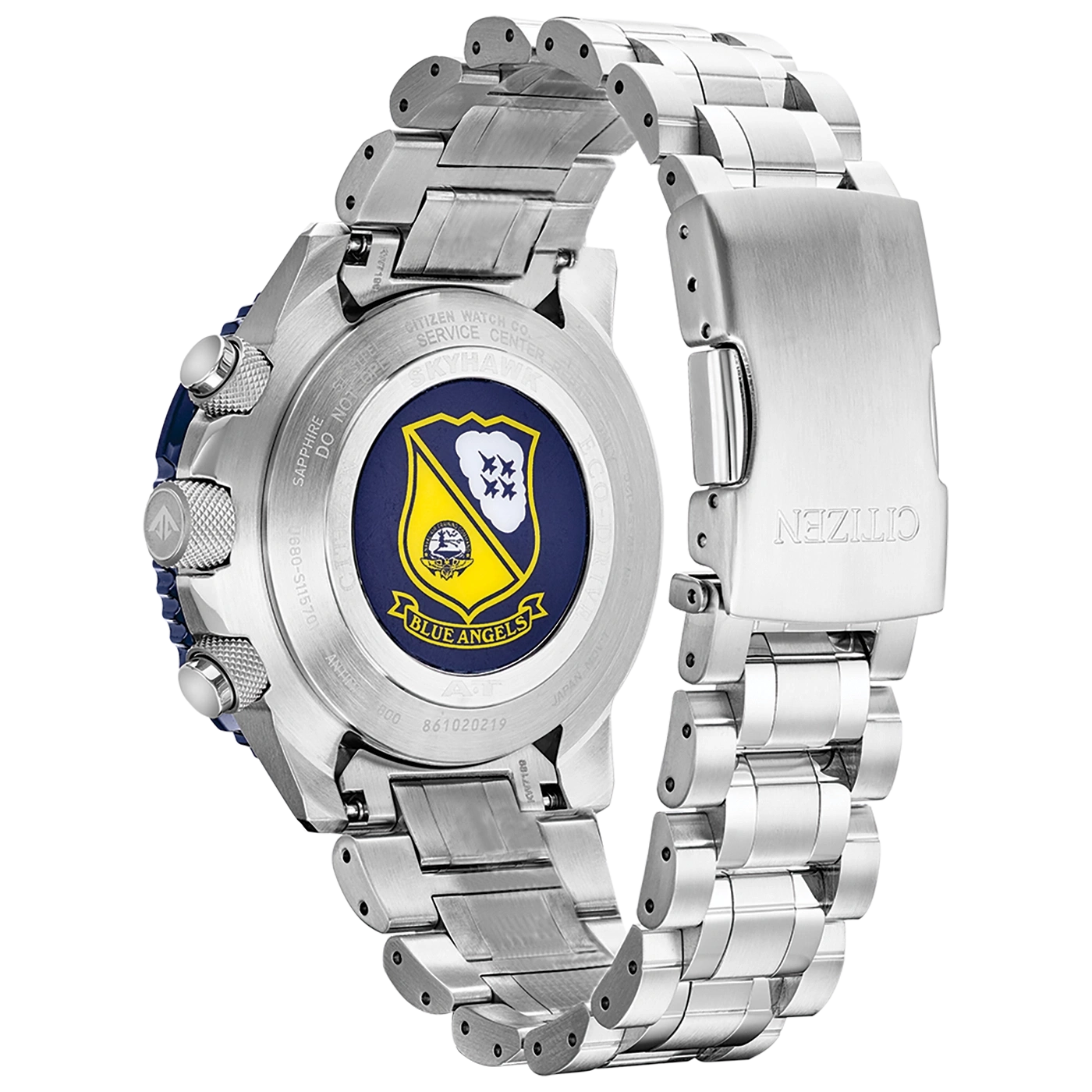 Montre Citizen Blue Angels avec un dos gravé.