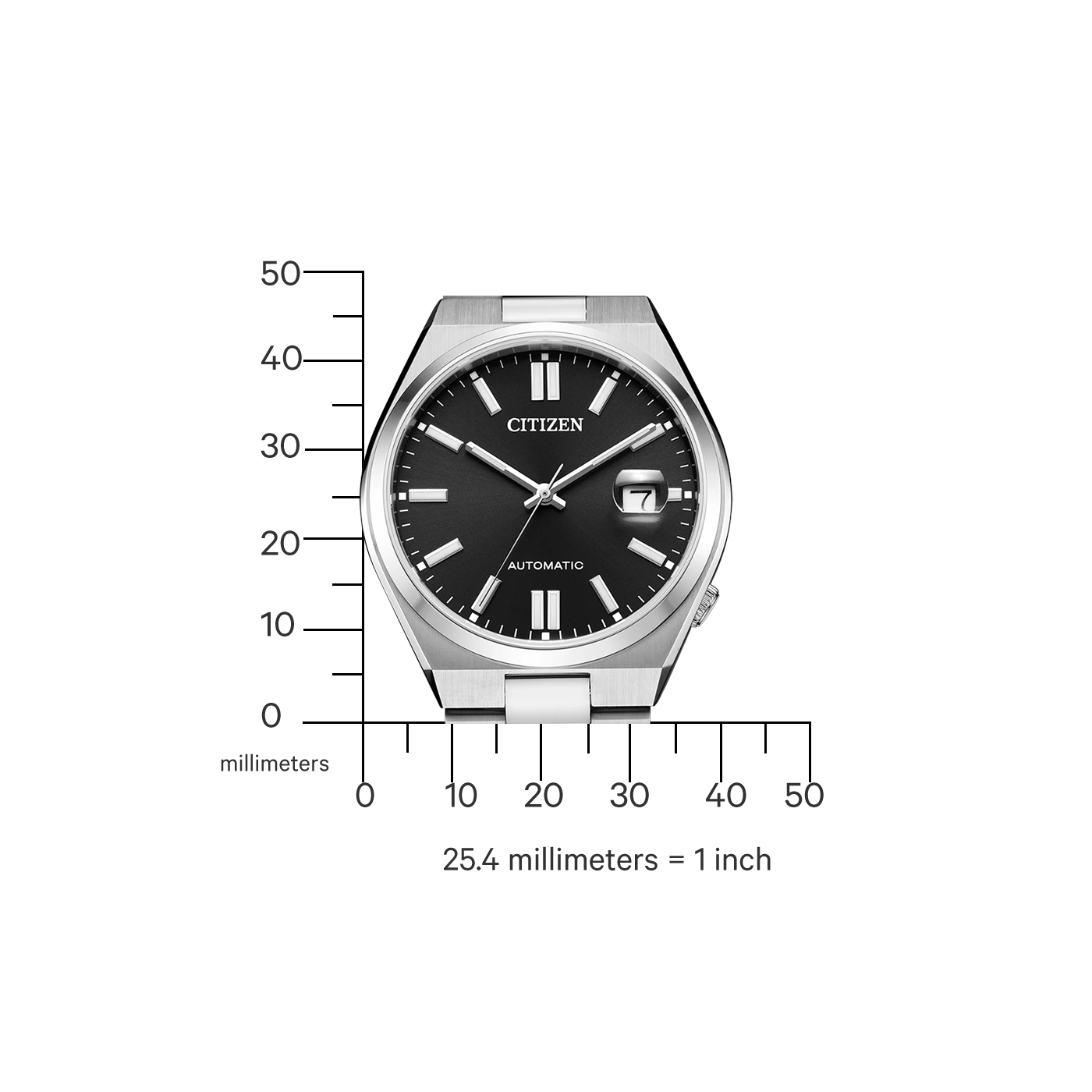 Citizen automatische horloge met een millimeter schaal.