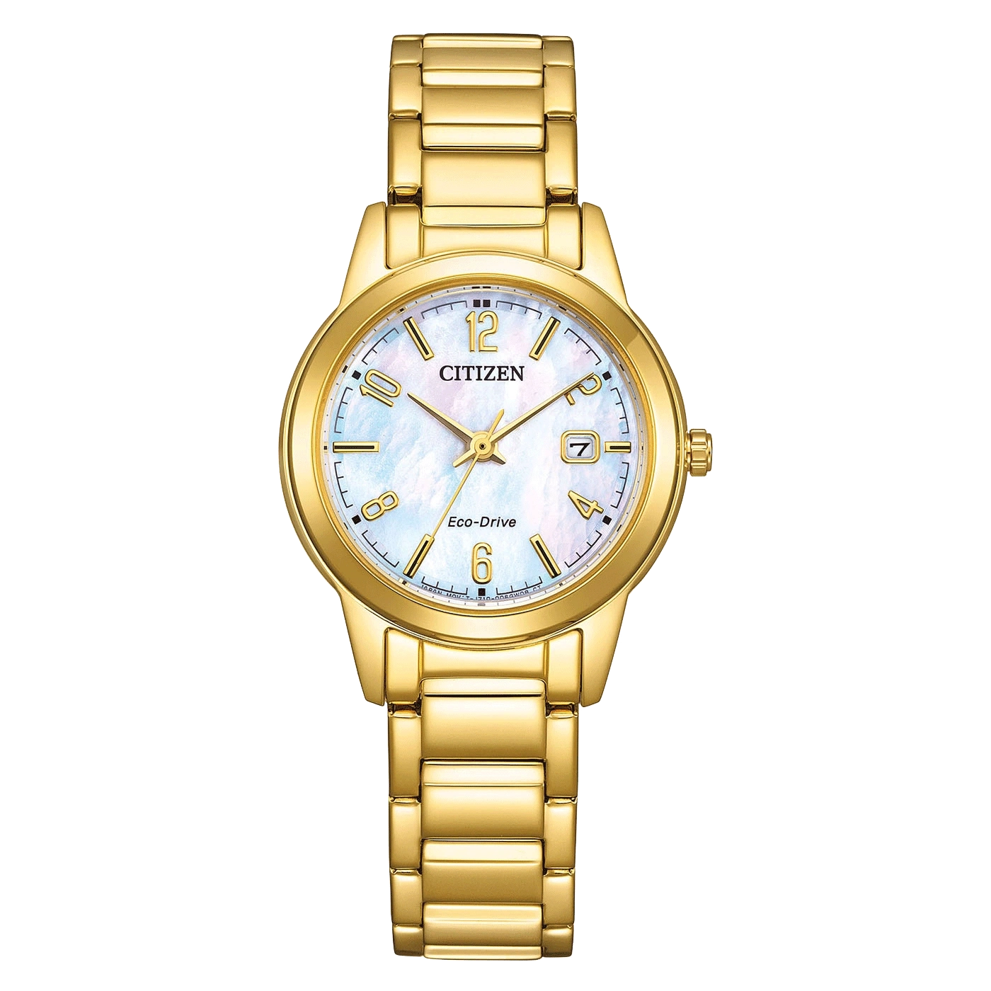 Une montre Citizen Eco-Drive dorée avec un cadran nacré.
