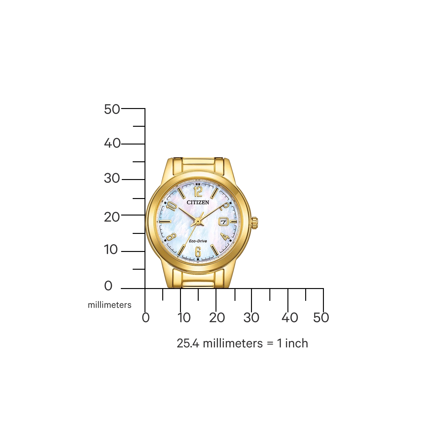 Montre Citizen dorée avec cadran nacré et échelle de mesure