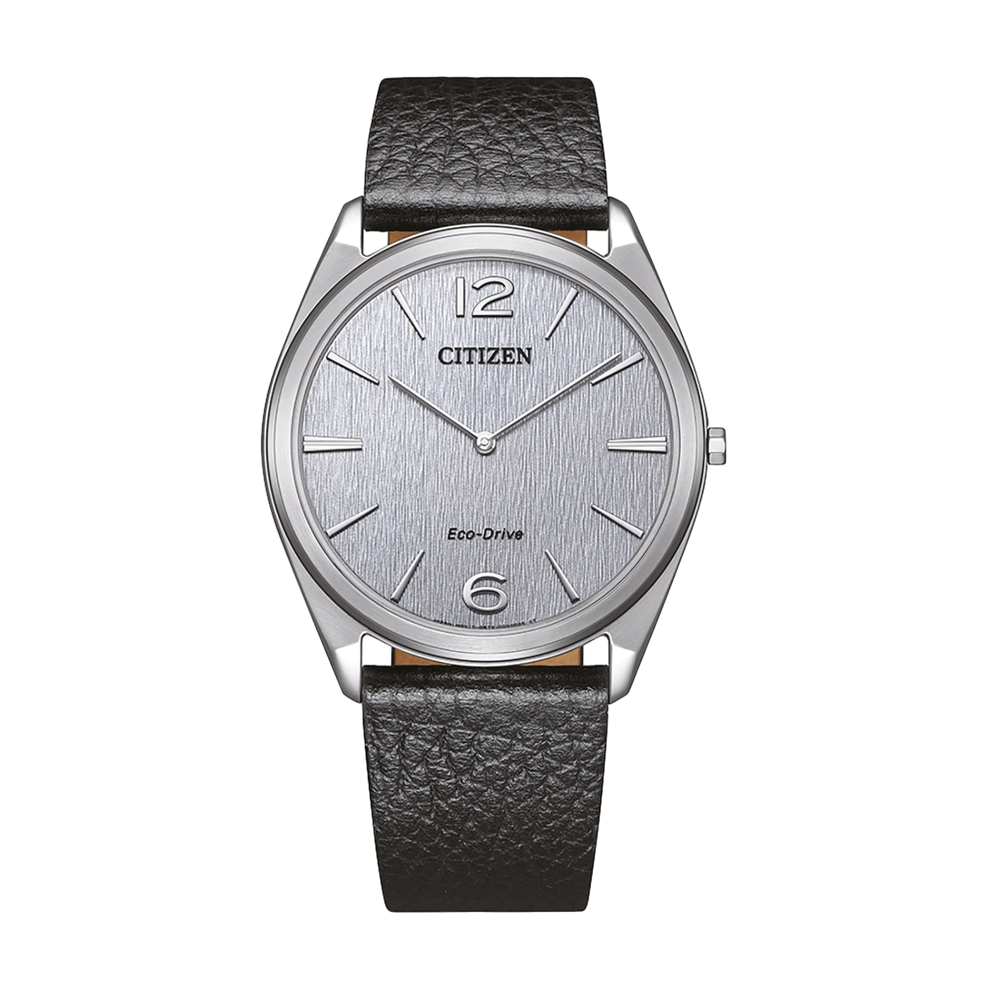 Montre Citizen Eco-Drive argentée avec bracelet en cuir noir