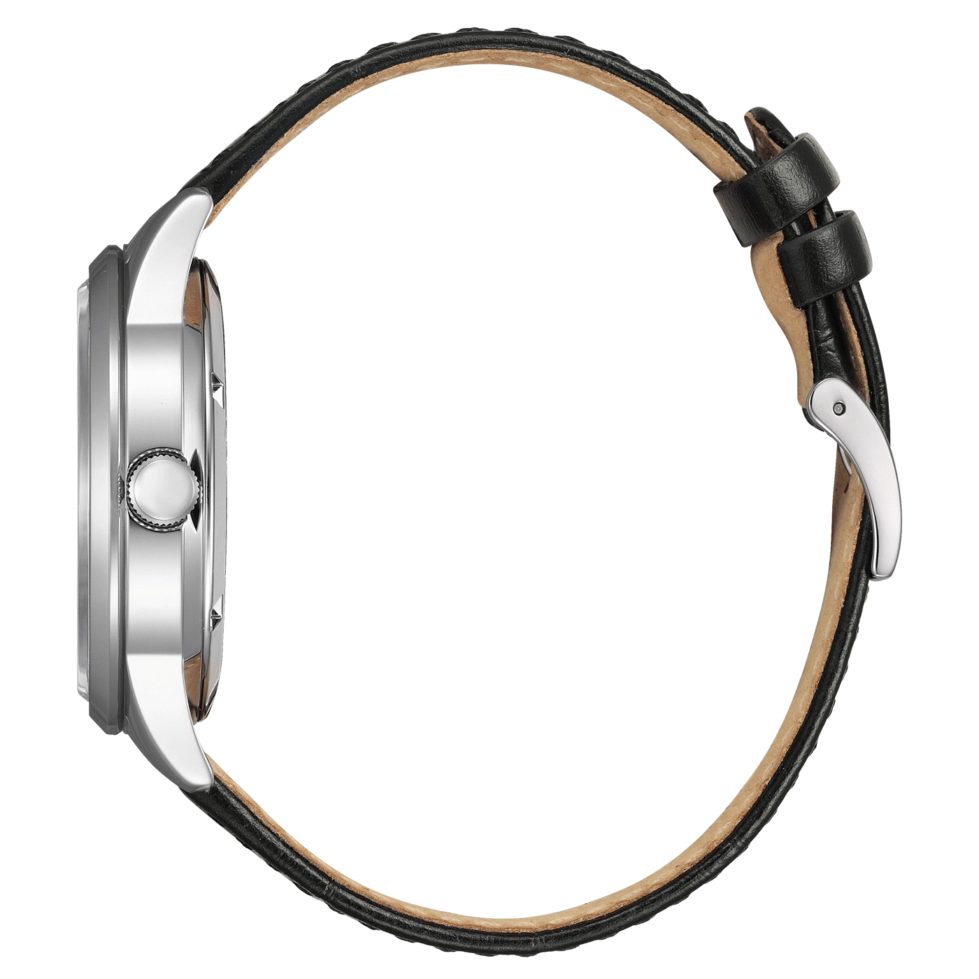 Montre bracelet en cuir noir, vue latérale de la boîte et de la couronne.